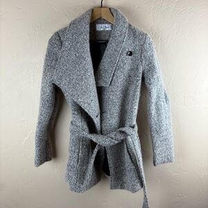 Calvin Klein Gray Peacoat Jacket with Tie Belt Wide Collar Mid Length Women 6